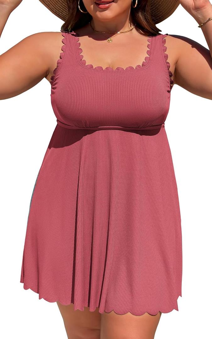 Charmo Women Plus Size Swim Dress Scalloped Square Neck One Piece Swimsuit Tummy Control Bathing Suit Rushed Swim Suits 2026, Pink 3XL