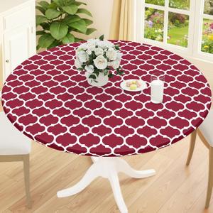 Smiry Round Picnic Tablecloth, Waterproof Elastic Fitted Table Covers for 45" - 56" Tables, Wipeable Flannel Backed Vinyl Tablecloths for Camping, Indoor, Outdoor, Red & White