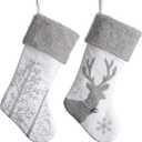 Valery Madelyn Christmas Stockings Decorations, 18 Inch Fabric 2 Pack Silver White Elk Embroidery Plush Personalized Fireplace Hanging Ornament for Holiday Xmas Party Decor