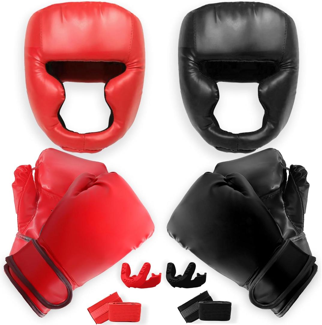 14 Pcs Boxing Set Boxing Equipment Set for Beginners Including 2 Pair of 6 oz Boxing Gloves Headgear Helmet Hand Wraps Mouth Guards Gifts for Kids Beginners Training Equipment (Black & Red)