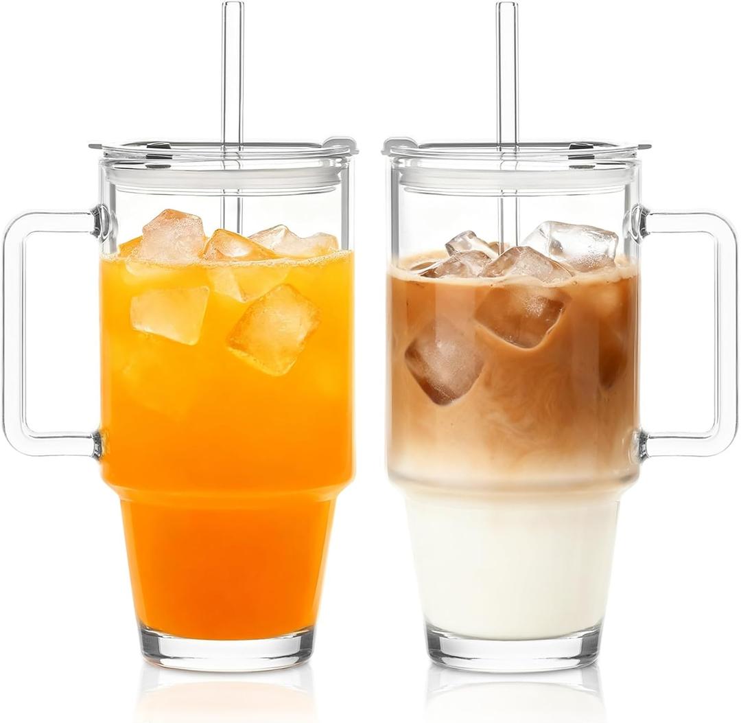 KEMORELA 24oz Clear Glass Cups with Lids and Straws,Glass Tumbler with Handle,2 setReusable Glass Ice Coffee Cups with Lid and Straw for Smoothies,Tea,Juice,Boba Cup for Cold & Hot Drinks,Travel Cup