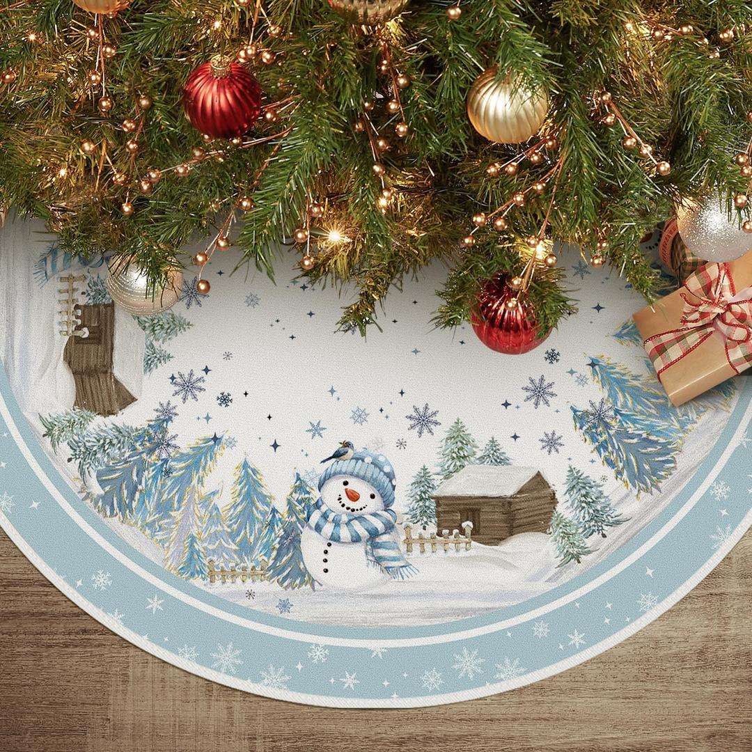 AVOIN colorlife Snowflake Snowman Cardinal Christmas Tree Skirt 36 Inch, Winter Holiday Tree Mat Decoration