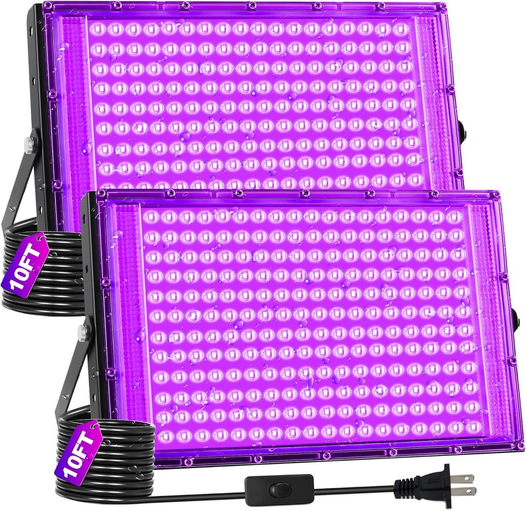 200W 2 Pack Black Light IP66 Waterproof with Switch + Plug + 10FT Cord, Outdoor LED Black lights for Neon Glow Party, Body Paint, Party, Stage, Halloween