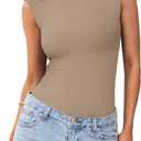 PINKMSTYLE Womens Crew Neck Sleeveless Bodysuit Double Lined Stretchy Fitted Basic Thong Body suit Tank Tops, Small, Khaki