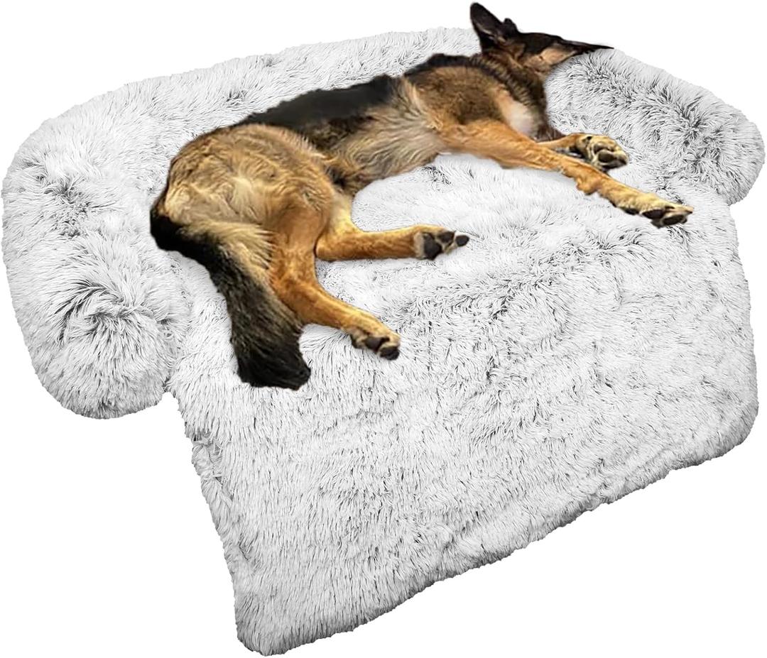 Calming Dog Bed Fluffy Plush Dog Mat for Furniture Protector with Removable Washable Cover for Large Medium Small Dogs and Cats (Large, Light Grey) (45.0"L x 37.0"W x 6.0"Th)