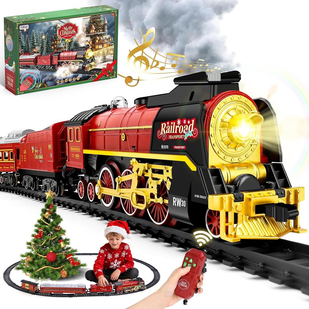 Christmas Train Set for around under The Tree, Electric Christmas Tree Train with Remote Sound Smoke Light, Steam Locomotive Xmas Christmas Train Toy Gift for Kids Boy Girl, Glowing Passenger Carriage