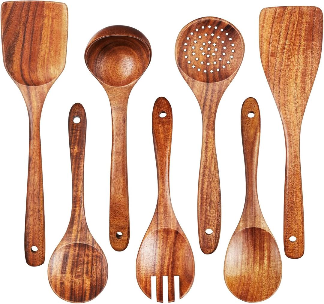 TeamFar Cooking Utensils, 7 PCS Natural Wood Kitchen Cooking Utensils Set, Wooden Spoons for Cooking, Heat Resistant Wooden Spoon Spatula Ladle, Smooth Teak for Nonstick Cookware, Comfortable Grip