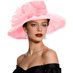Womens Derby Hats Kentucky 2026 Fascinator Church Tea Party Wedding Adjustable Wide Brim Hat with Removable Flower (Pink)