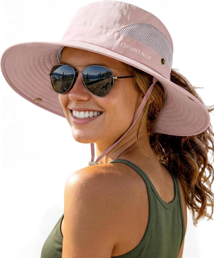 FURTALK Womens Sun Hat with Ponytail Hole Beach Hiking Summer Wide Brim UPF 50+ Outdoor Protection Foldable Bucket Hat (Pink)