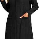 LYANER Women's Collar V Neck Long Sleeve Ribbed Knit Button Down Sleep Nightgown with Pockets (Black)