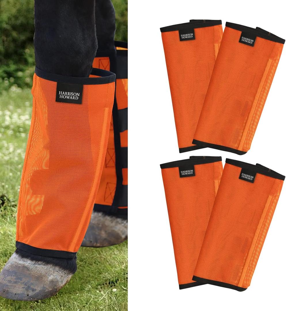 Harrison Howard Loose Fitting Fly Boots UV-Protective Extra Tough Mesh Ventilated Four Fasteners Stay-on Design Protect Horse Legs & Stomp-Reducing Set of 4 Orange Medium