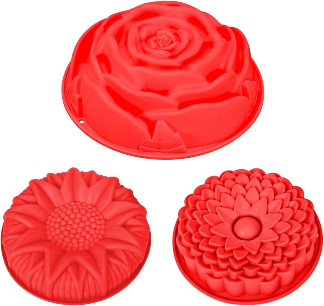 saphe 3 Pack silicone Cake Molds for baking, Large Round Sunflower Shapes baking molds, Nonstick different shapes Cake Molds, Perfect bakeware for cake, bread, Jello Brownie Tart Pie (red) (3)