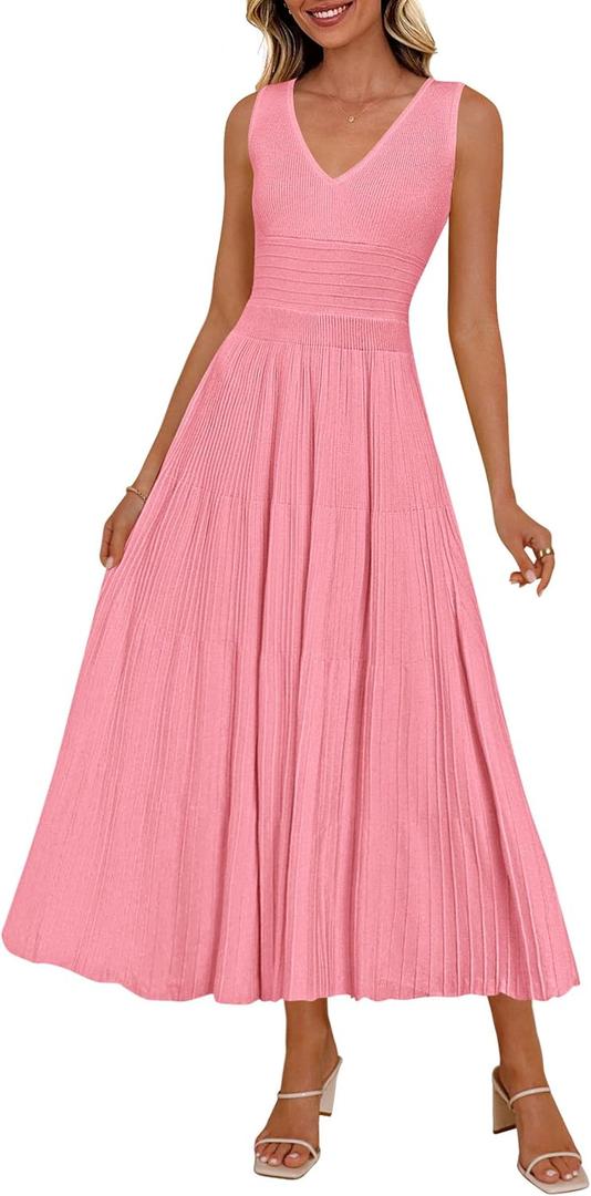 PRETTYGARDEN Summer Dresses for Women 2026 Spring Casual Sleeveless V Neck Pleated Midi Work Cocktail Wedding Guest Dress, Pink, Medium