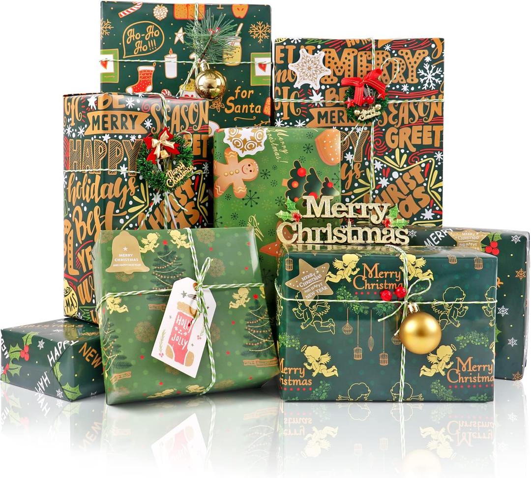 6 x Christmas Wrapping Paper, 6 Sheets Assorted Green Gift Wrapping Paper with Gold Snowflakes, Christmas Tree, Angel Pattern, Xmas Wrapping Paper Set with Ribbon, Sticker and Tag for Christmas Party