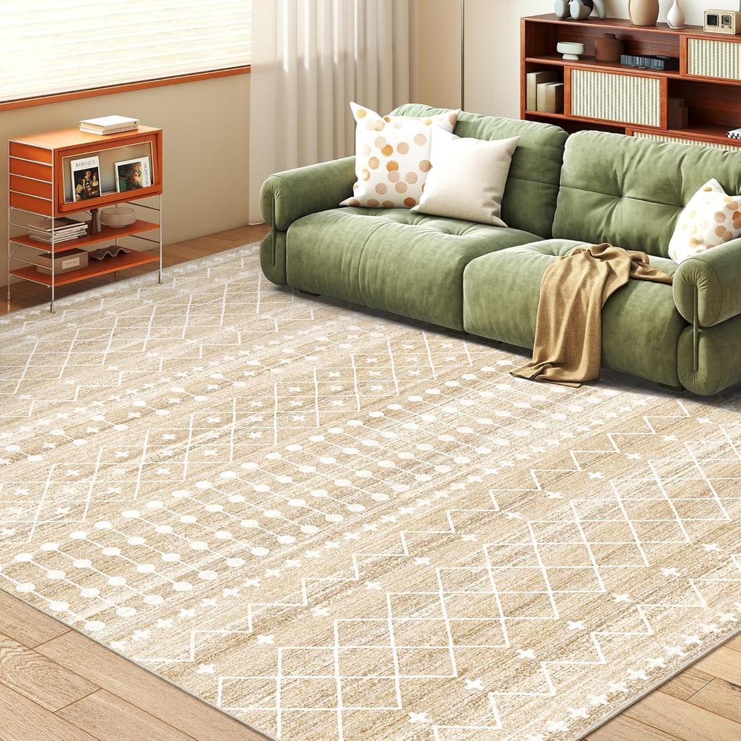 5x7 Area Rug for Living Room Moroccan Washable Rugs Non Slip Indoor Floor Carpet Foldable Large Soft Area Rug for Dining Room Bedroom with Low Pile(Beige,5'x7')