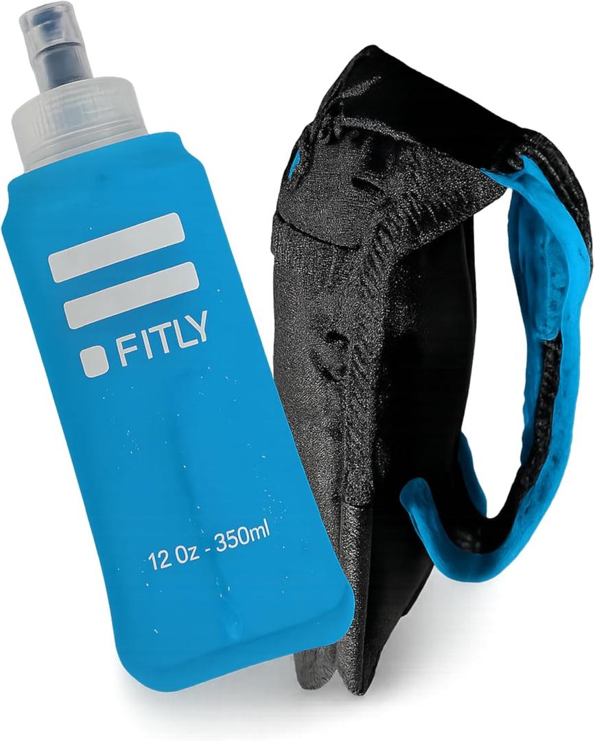 FITLY Soft Flask - Shrink As You Drink Soft Water Bottle for Hydration Pack - Folding Water Bottle Ideal for Running, Hiking, Cycling, Climbing & Rigorous Activity (12 Ounces, Blue with Holder)