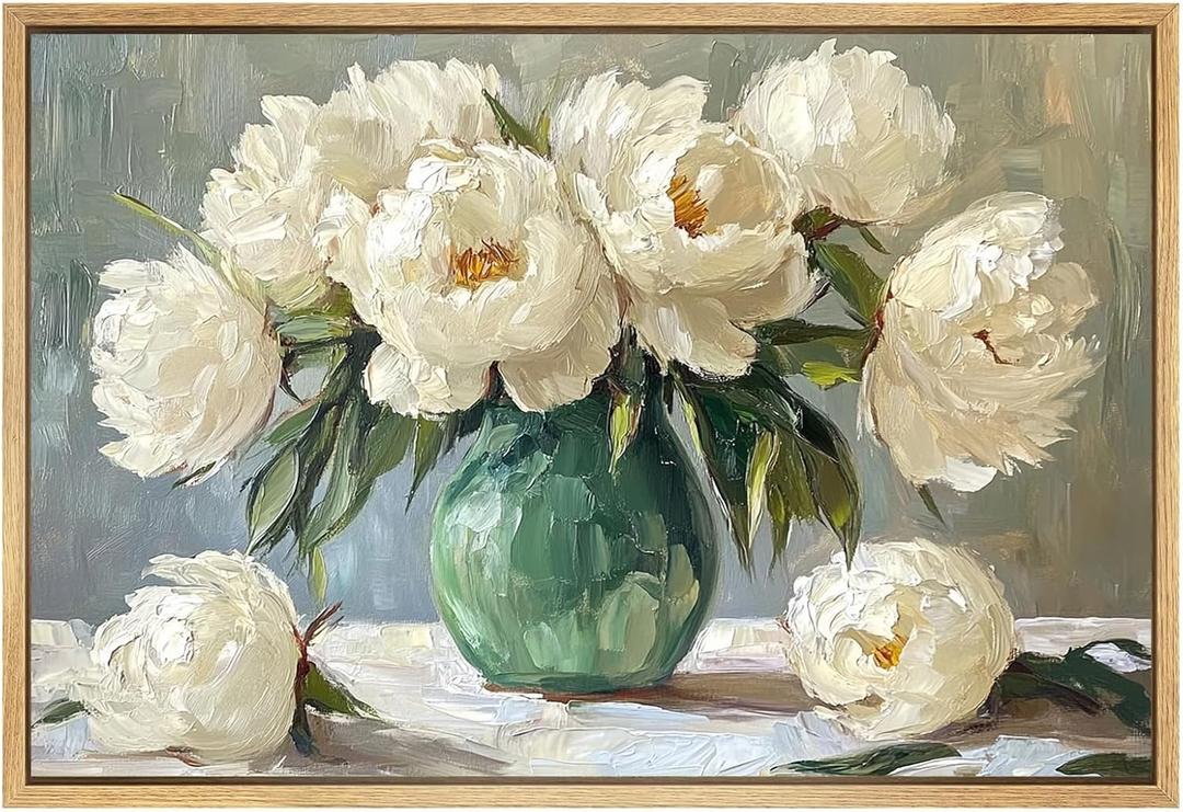 White Peony Canvas Wall Art Flower in Vase Prints Vintage Flower Pictures Abstract Botanical Poster Prints Vintage White Floral Painting for Living Room Bedroom 16x24inch Unframed
