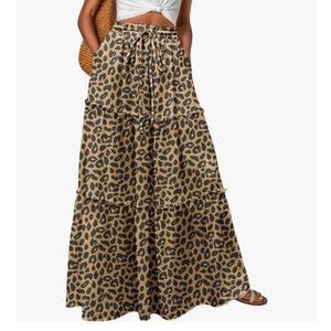 Lepunuo Womens Casual Waisted Flowy Maxi Skirts Trendy Floral Cute Long Skirts Size 2XL Leopard Print