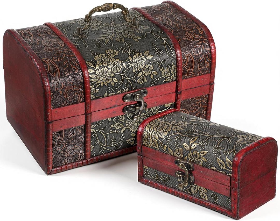 Wooden Treasure Chest Set - 2 Nesting Boxes, Vintage Treasure Chest Boxes, Pirate Keepsakes Box, Brown Floral - Decorative Storage & Jewelry Box with Hinged Lid for Jewelry Pearl Trinkets