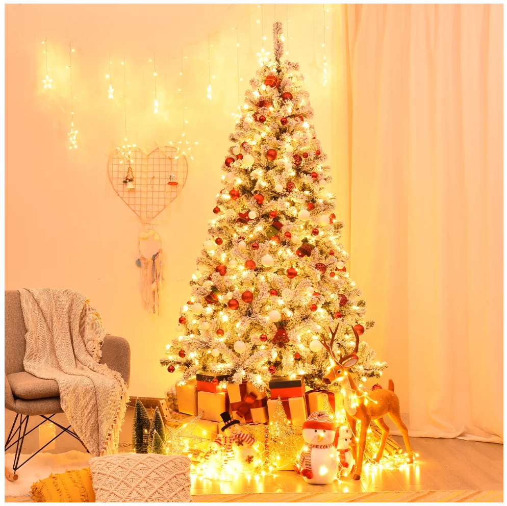 7.5 ft Prelit Premium Snow Flocked Hinged Artificial Christmas Tree with 450 Lights