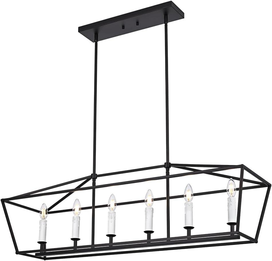 BONLICHT Modern Farmhouse Rectangle Dining Room Light Fixtures Black 6 Light Linear Chandelier Industrial White Kitchen Island Pendant Lighting Classic Ceiling Lights with Adjustable Rods, E12 Base