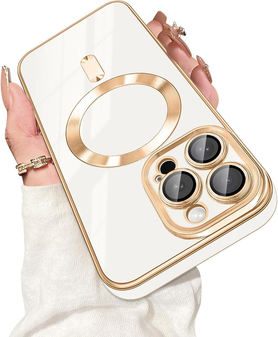 Dinick Designed for iPhone 13 Pro Case with Magnetic [Built-in Camera Cover] Compatible with MagSafe Soft TPU Glitter Cover Anti-Scratch Protective Slim for iPhone 13 Pro Case White and Gold