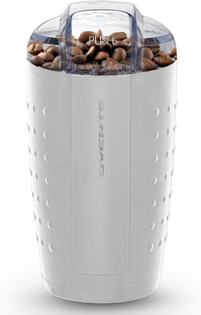 OVENTE Electric Coffee Grinder, Coffee Mill and Spice Grinder with 2.5oz Capacity, 150W Motor, One Touch Push-Button & Stainless Steel Blades for Uniform Grinding of Beans, Herb or Nuts, White CG225W