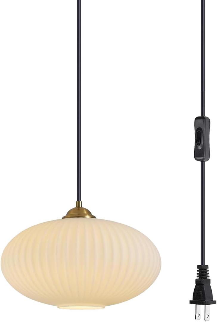 KCO Lighting Mid Century Plug-in Hanging Light Modern Milk Glass Pendant Light White and Gold Plug-in Chandelier Lighting with Long Cord Vintage Striped Glass Hanging Ceiling Lighting, L1150-A-Plug