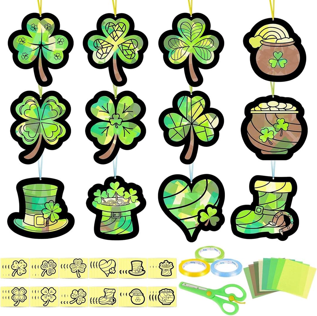 Tarklanda 48 Pcs St. Patricks Day Suncatchers Craft Kits Lucky Shamrock Tissue Paper Craft Kit DIY Stained Glass Window Art Hanging Ornament for Home Classroom Activity Birthday Party Gift