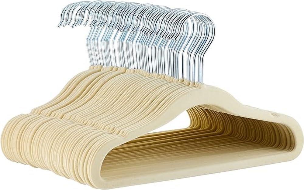 Kids Space Saving Velvet Non-Slip Clothes Hangers with Shoulder Notches for Infant and Toddler, 11.6", Beige, 50-Pack