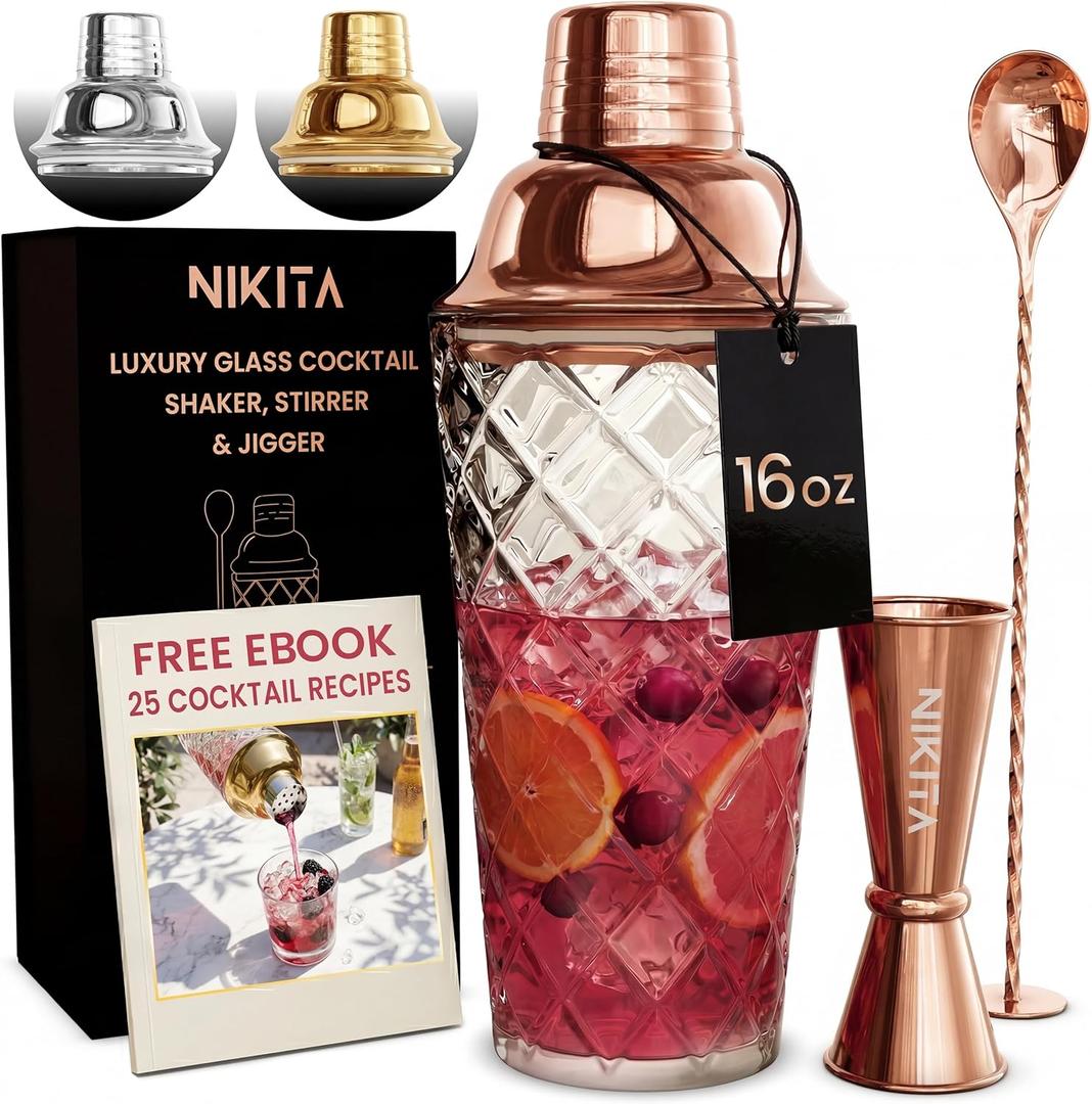 Nikita Cocktail Shaker, 5-Piece Martini Shaker & Bartender Kit with Bar Accessories Strainer, Jigger, Spoon & Muddler, Rose Gold 16oz Drink Mixer with Bartender Accessories