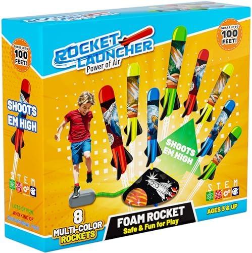 Otoseth Toys Rocket Launcher for Kids - Launch up to 100 Ft, 8 Multi-Color Foam Rockets & Adjustable Launch Stand, Kids Outdoor Toys, Age 3+