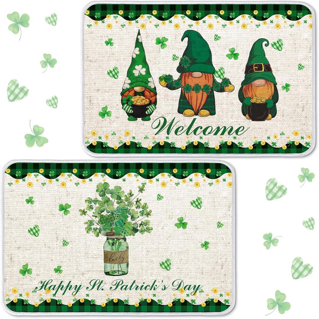 2 Pcs St. Patricks Day Door Mat 15.7 x 23.6 Inch St. Patrick's Day Welcome Door Mats Anti Slip Front Mats Clover Gnome Shamrock Outdoor Mat Rugs for Indoor Bathroom Kitchen Entrance Decorations