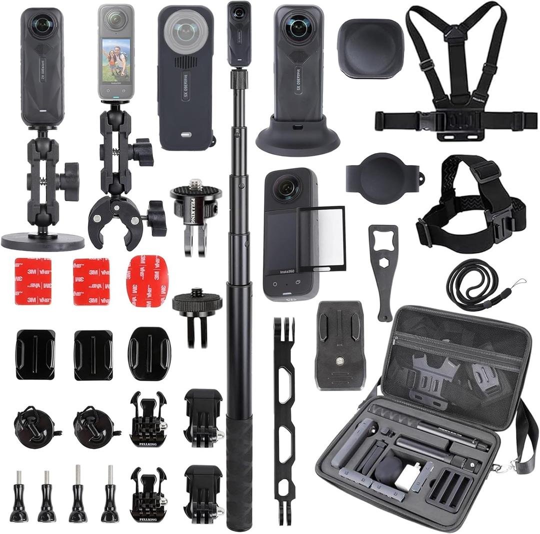 PellKing Accessories Kit for insta360 X5,Included Carrying Case with Belt,2 Pcs Metal 1/4" Adapter,Handlebar Clamp,Magnetic Mount,43in Selfie Stick,Chest Strap,Head Strap,Backpack Mount,and Others