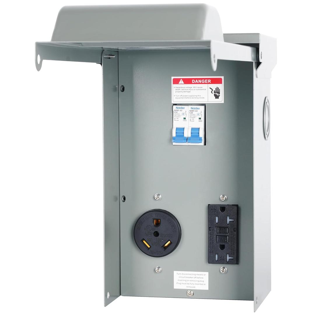 Temporary Power Outlet Panel, Power Circuit Breaker Panel with 20, 30 Amp Receptacle Installed, Prewired Receptacle Panel Weatherproof Electrical Outlet Box (20A 30A Power Outlet Panel)