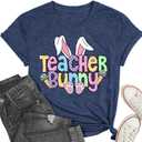 Easter Shirts for Women Happy Teacher Bunny Print Tshirt Funny Rabbit Carrot Graphic Tee Top Blue, XL