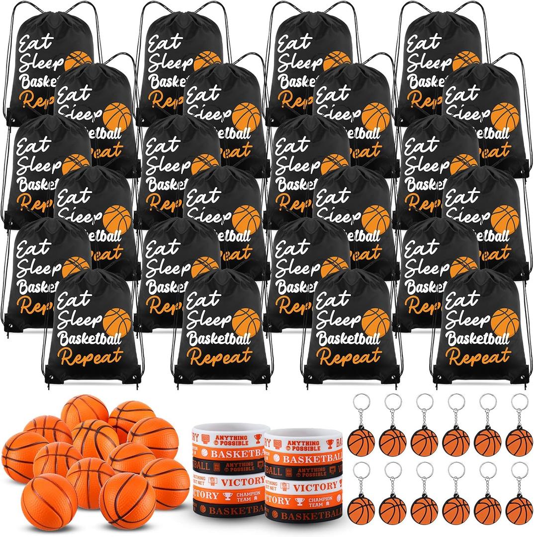 MiniInflat 96 Pcs Basketball Party Favors Include 24 Basketball Drawstring Bags 24 Basketball Keychain 24 Silicone Basketball Bracelets 24 Mini Stress Ball for Sports Supplies Decorations