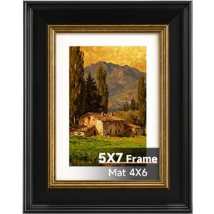 Splinterix 5x7 Black and Gold Picture Frame, 5 x 7 Vintage Frame with Real Glass, Display 4x6 Photo with Mat or 5x7 without Mat, Wall Hanging & Tabletop Ornate Poster Frames for Gallery Antique Decor