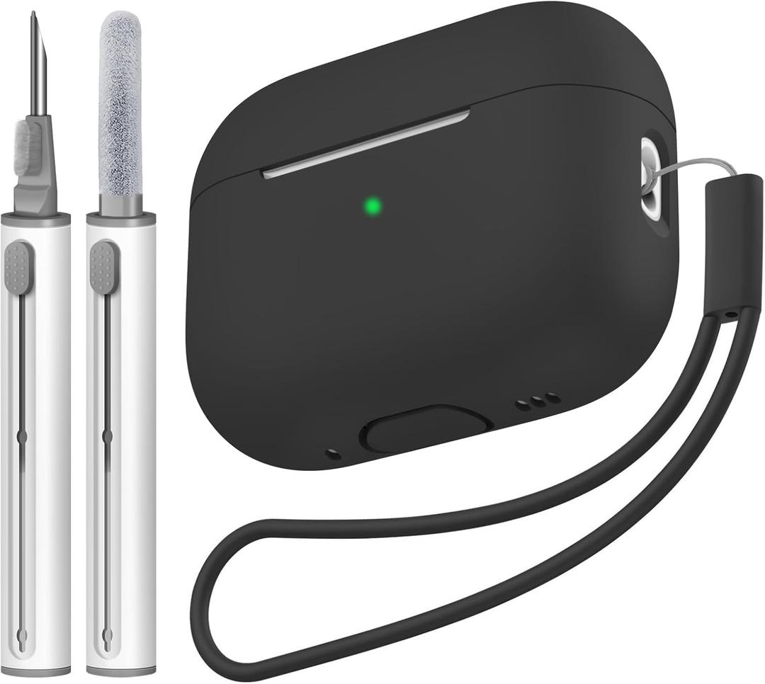 Compatible with Airpods Pro 2 Case, Soft Silicone Skin Cover Protective Cases with Cleaner kit and Lanyard Compatible for AirPod Pro 2nd Generation, Front LED Visible-Black