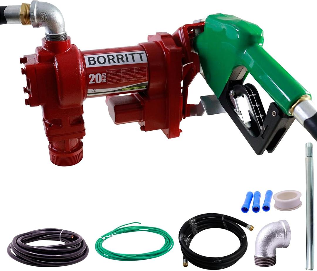 Fuel Transfer Pump 12 Volt 20 GPM High Flow,w/Automatic Nozzle Green,DC Fuel Pump,Cast Iron Gas Heavy Duty Transfer Pump for Gasoline,Diesel, Kerosene,Ethanol Blends,Methanol Blends,Biodiesel