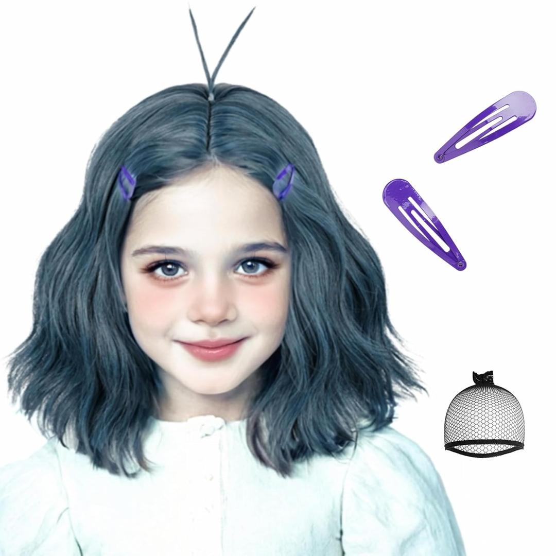 Kids Short Curly Dark Blue Emotion Wave Wigs + Hair Clips + Wig Cap Synthetic Hair for Child Girls Toddler Halloween Party Costumes (Blue Envy)