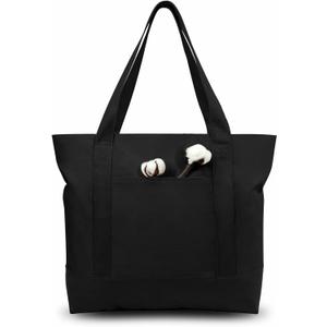 TOPDesign 3-Pack Canvas Tote Bags with an External Pocket, Reusable Grocery Shopping Bags, Top Zipper Closure, Daily Essentials (Black)