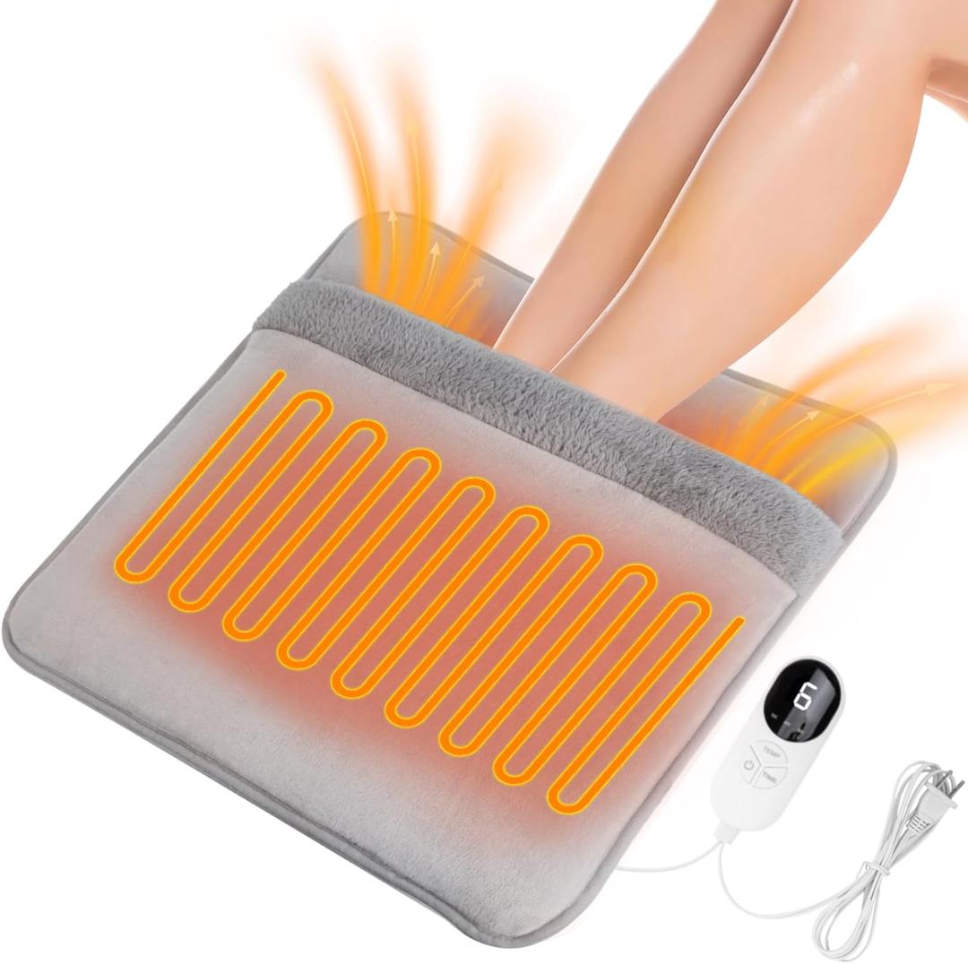 Double Sided Electric Foot Warmer 9 Heat Settings & 3 Timer, Fast Heating Feet Heating Pad with Auto Shut Off, Non-Slip & Machine Washable Plush, Under Desk for Office/Home/Bed-Gray