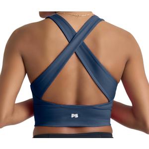 POPSUGAR Long Line Sports Bra Women, Workout Crop Tops for Women Longline Criss Cross Gym Yoga Tops with Built in Bra (Large, Blue Storm)