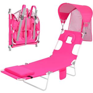 Backpack Beach Tanning Chair with Canopy and Face Hole, 6-Position Folding Lay Out Lounge Chair, UPF 50+ Wind-Resistant Sun Shade, Portable Recliner for Sunbathing, Outside, Poolside, Pink, Patented