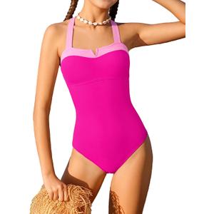 Shallmu Girls Swimsuit Bathing Suits for Girls Color Block Sweetheart Neckline Dual Crossback Straps Pink One Piece Swimsuit Girl with Cover Up Skirt Swimwear 9-10Y