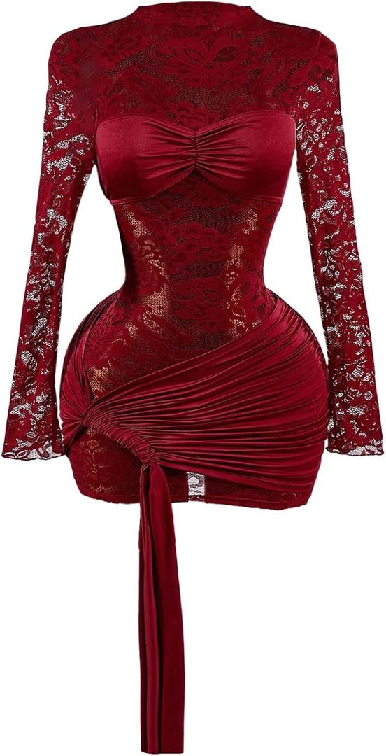 GORGLITTER Women's Lace Mini Dress Sheer Mesh Ruched Long Sleeve Bodycon Formal Night Out Birthday Party Sexy Dresses, Size M