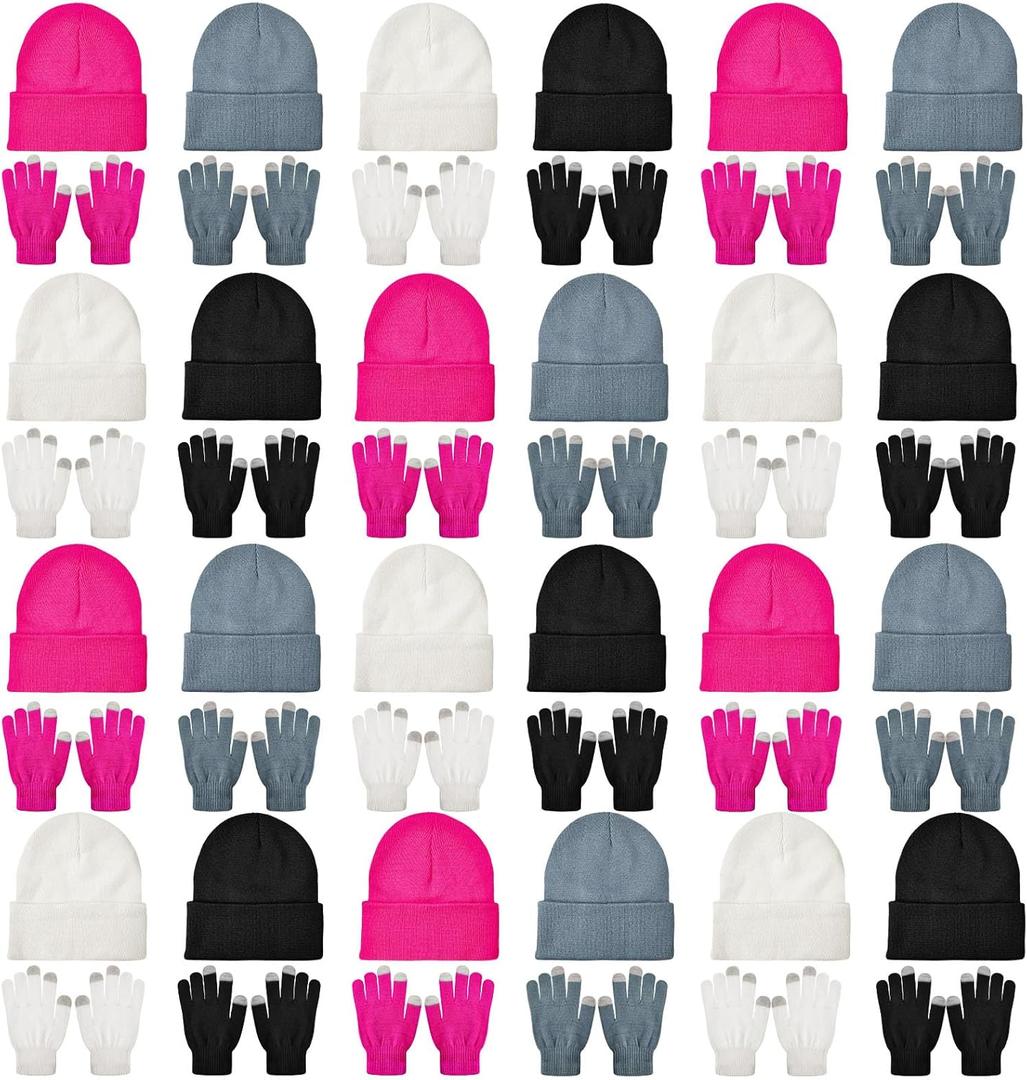 48 Pcs Bulk Winter Knit Beanies Gloves Men Women Warm Beanie Touchscreen Gloves Set Cozy Winter Accessories (Vibrant Color)