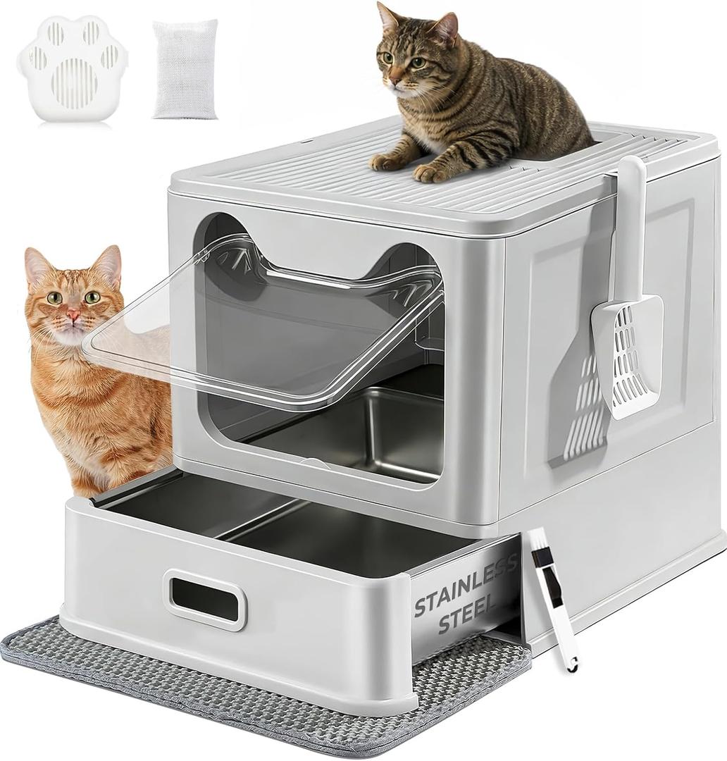 Stainless Steel Litter Box with Lid and Pull-Out Drawers, XL Metal Litter Box Top Entry for Big Cats, Leak-Proof Baffles for Easier Cleaning, with Litter Mat & Scoop (gray)