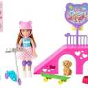 Barbie Chelsea Doll & Skate Park Playset with 2 Puppies, Skate Ramp, Scooter & 15+ Accessories, Brunette Small Doll with Blue Eyes